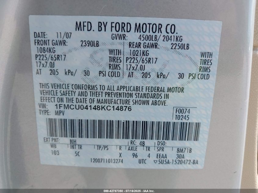 2008 Ford Escape Limited VIN: 1FMCU04148KC14876 Lot: 42787350
