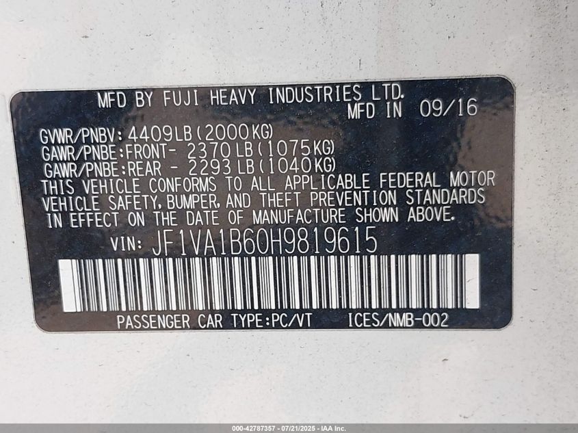 2017 Subaru Wrx VIN: JF1VA1B60H9819615 Lot: 42787357