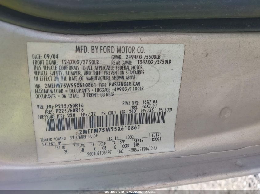 2005 Mercury Grand Marquis Ls/Lse VIN: 2MEFM75W55X610861 Lot: 42787372