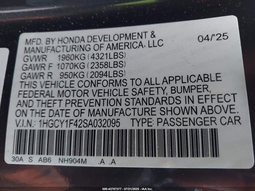 2025 Honda Accord Se VIN: 1HGCY1F42SA032095 Lot: 42787377