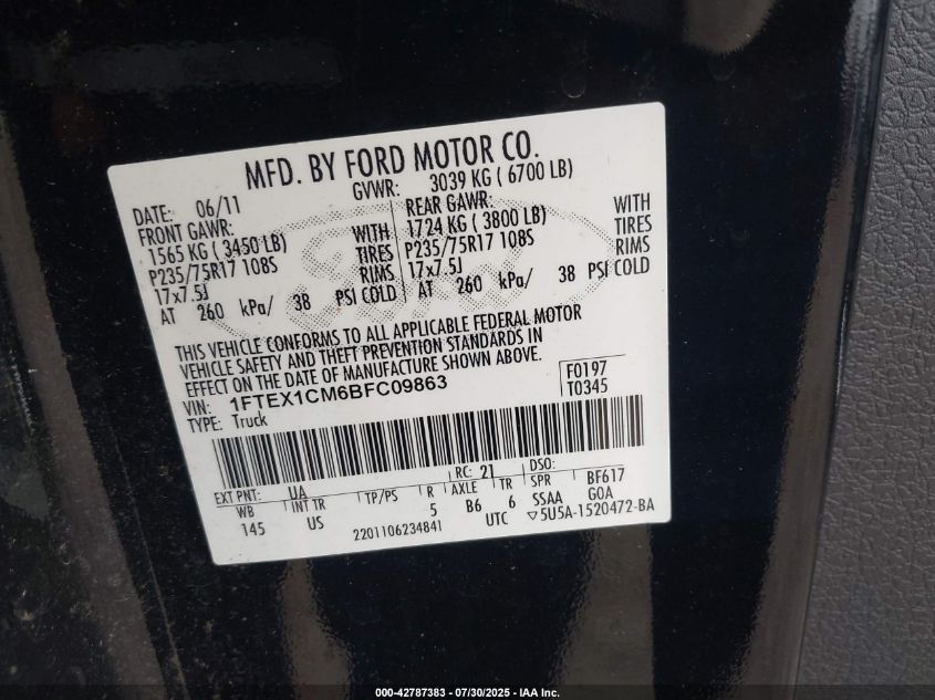 2011 Ford F-150 Xlt VIN: 1FTEX1CM6BFC09863 Lot: 42787383