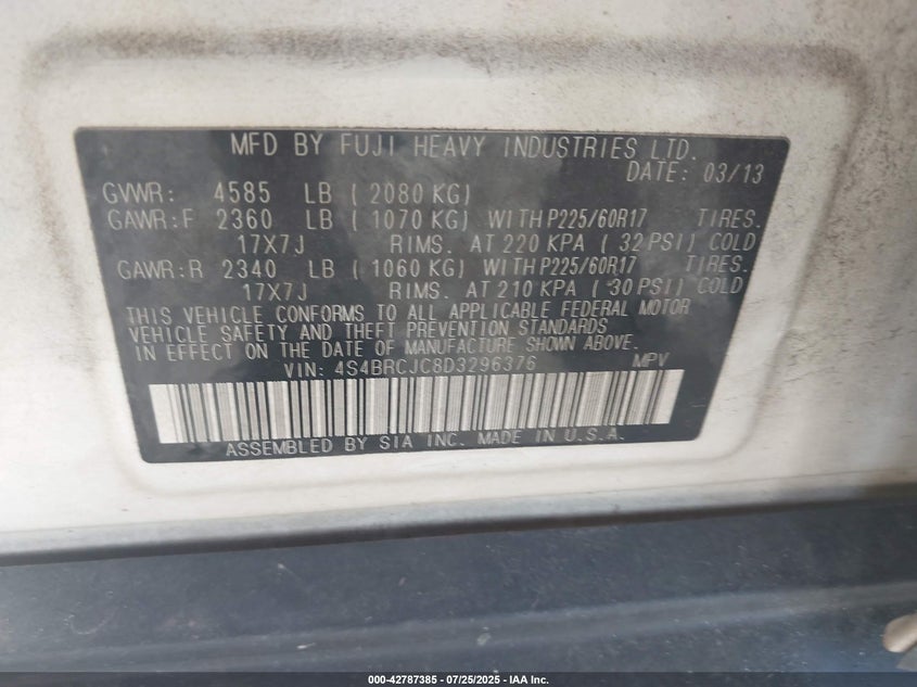 2013 SUBARU OUTBACK 2.5I LIMITED 4S4BRCJC8D3296376