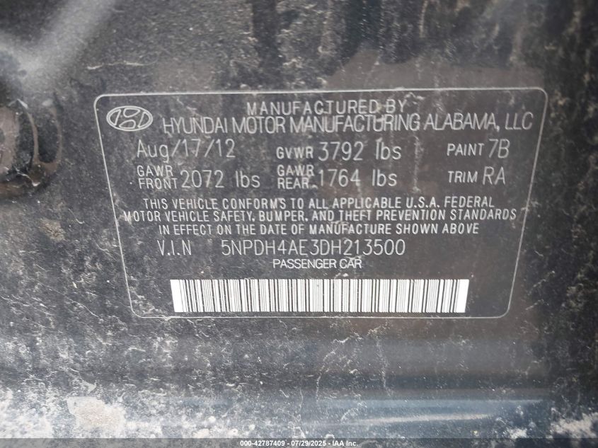 2013 Hyundai Elantra Gls VIN: 5NPDH4AE3DH213500 Lot: 42787409