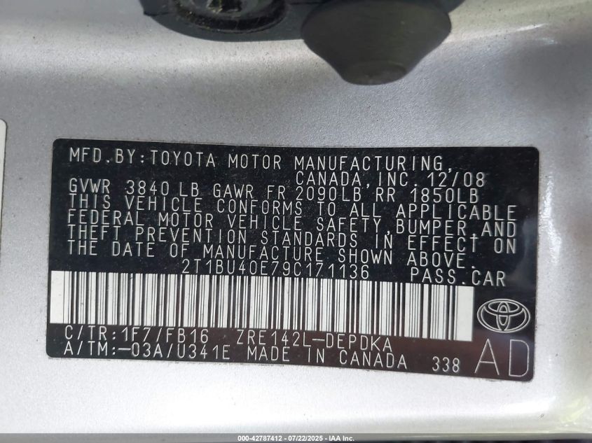 2009 Toyota Corolla Le VIN: 2T1BU40E79C171136 Lot: 42787412