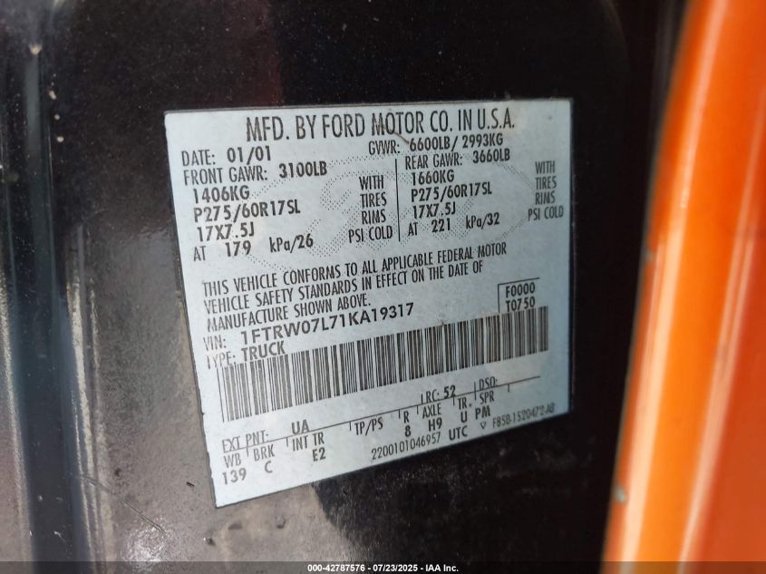 2001 Ford F-150 Harley-Davidson Edition/King Ranch Edition/Lariat/Xlt VIN: 1FTRW07L71KA19317 Lot: 42787576