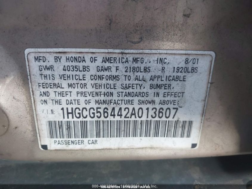 2002 Honda Accord 2.3 Lx VIN: 1HGCG56442A013607 Lot: 42787594