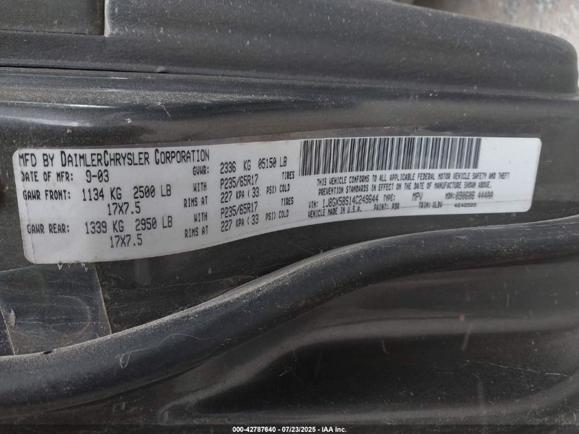 2004 Jeep Grand Cherokee Limited VIN: 1J8GX58S14C249644 Lot: 42787640