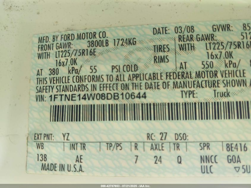2008 Ford E-150 Commercial/Recreational VIN: 1FTNE14W08DB10644 Lot: 42787653