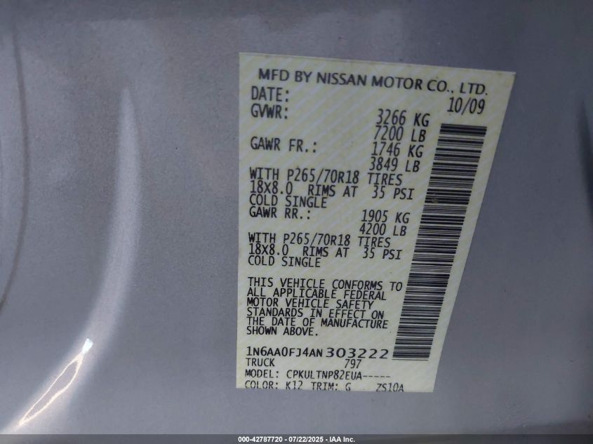 2010 Nissan Titan VIN: 1N6AA0SJ4AN303222 Lot: 42787720