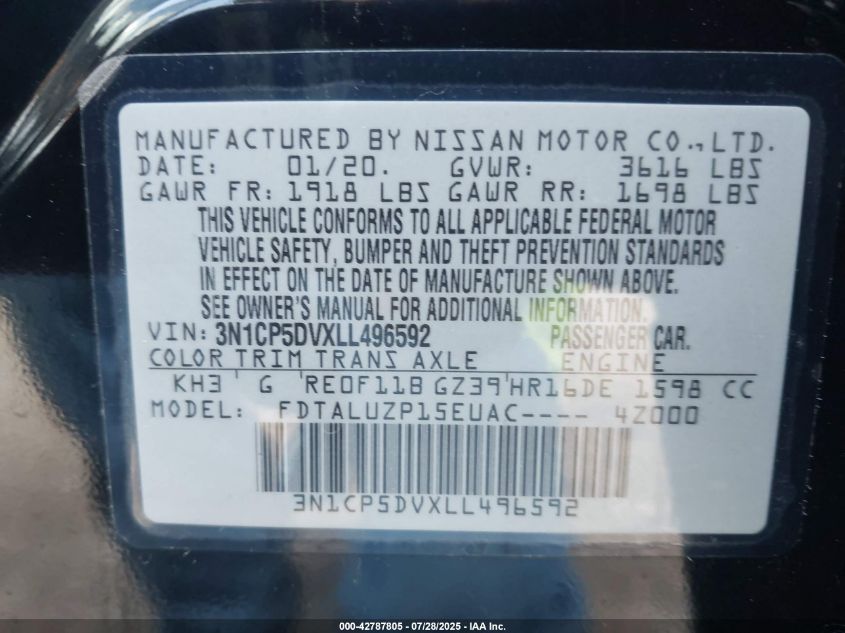 2020 Nissan Kicks Sr Xtronic Cvt VIN: 3N1CP5DVXLL496592 Lot: 42787805