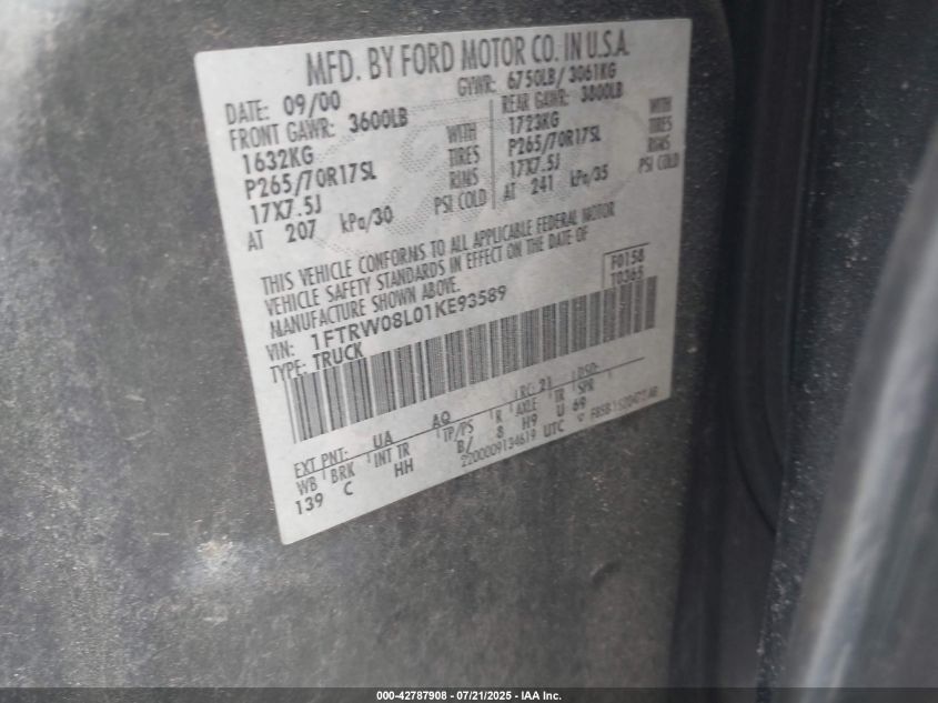 2001 Ford F-150 Supercrew King Ranch/Lariat/Xlt VIN: 1FTRW08L01KE93589 Lot: 42787908