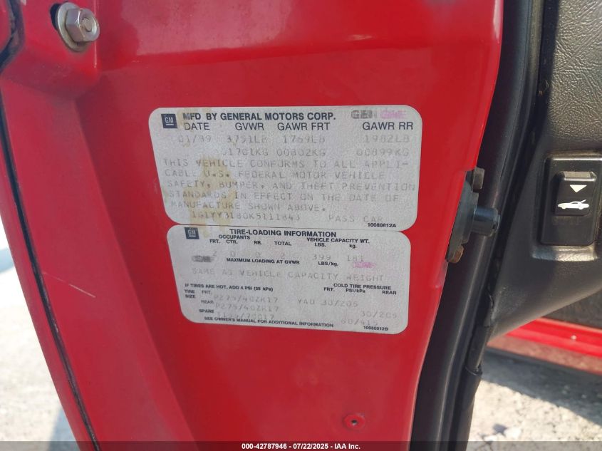 1989 Chevrolet Corvette VIN: 1G1YY3180K5111843 Lot: 42787946