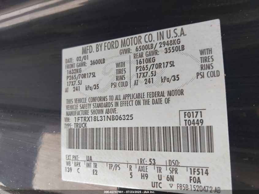 2001 Ford F-150 Lariat/Xl/Xlt VIN: 1FTRX18L31NB06325 Lot: 42787981