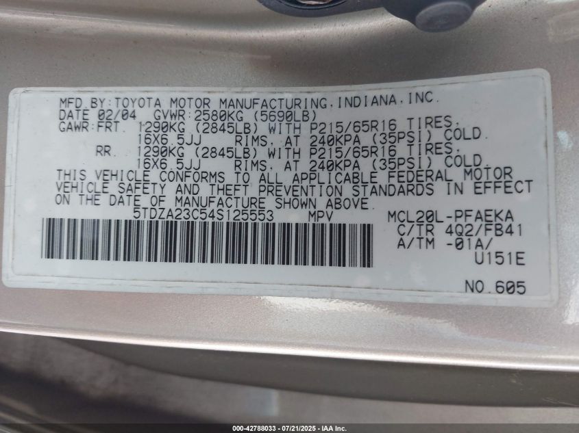 2004 Toyota Sienna Le VIN: 5TDZA23C54S125553 Lot: 42788033