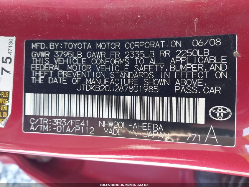 2008 Toyota Prius VIN: JTDKB20U287801985 Lot: 42788038