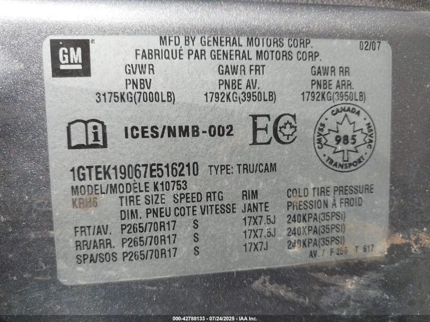 2007 GMC Sierra 1500 Sle1/Sle2/Slt/Work Truck VIN: 1GTEK19067E516210 Lot: 42788133