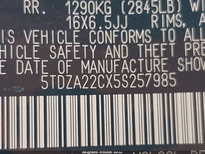 2005 Toyota Sienna Xle VIN: 5TDZA22CX5S257985 Lot: 42788238