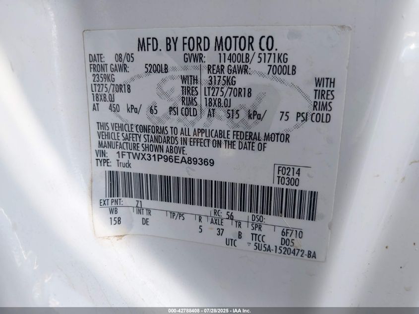 2006 Ford F-350 Lariat/Xl/Xlt VIN: 1FTWX31P96EA89369 Lot: 42788408