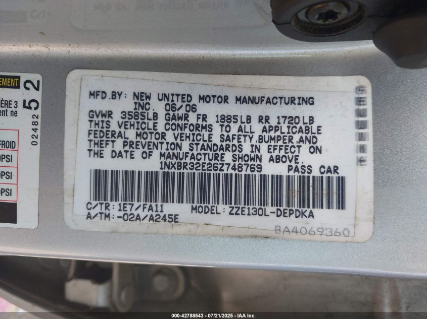 2006 Toyota Corolla Ce VIN: 1NXBR32E26Z748769 Lot: 42788543