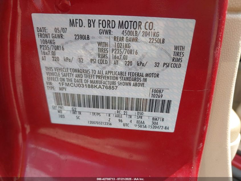 2008 Ford Escape Xlt VIN: 1FMCU03188KA76857 Lot: 42788713