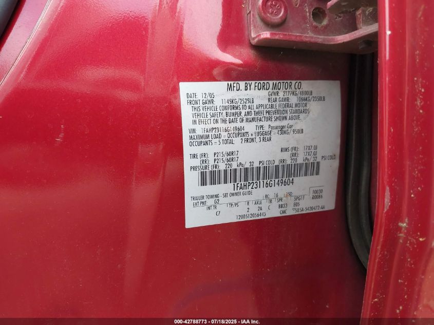 2006 Ford Five Hundred Se VIN: 1FAHP23116G149604 Lot: 42788773