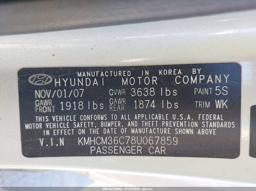 2008 Hyundai Accent Gs VIN: KMHCM36C78U067859 Lot: 42788865