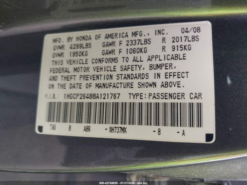 2008 Honda Accord 2.4 Lx-P VIN: 1HGCP26488A121767 Lot: 42788895