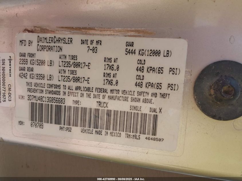2003 Dodge Ram 3500 Slt/Laramie/St VIN: 3D7MU48C13G856683 Lot: 42788990