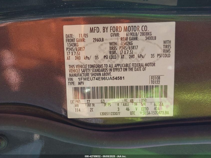 2006 Ford Explorer Eddie Bauer VIN: 1FMEU74E96UA54581 Lot: 42789032