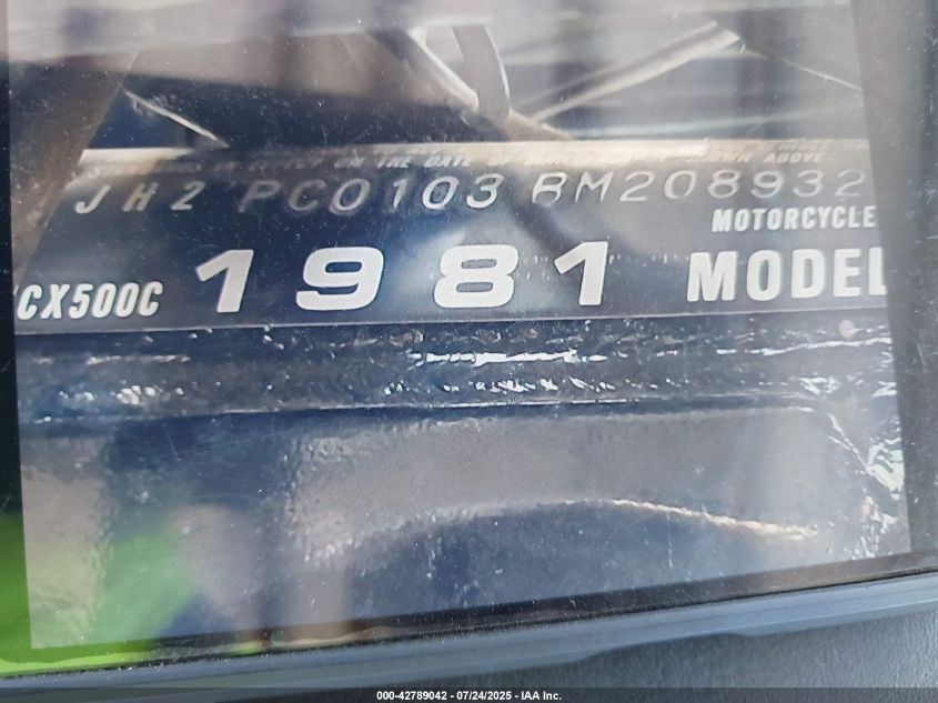 1981 Honda Cx500 C VIN: JH2PC0103BM208932 Lot: 42789042
