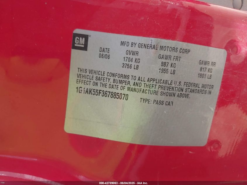 2006 Chevrolet Cobalt Ls VIN: 1G1AK55F367885070 Lot: 42789063
