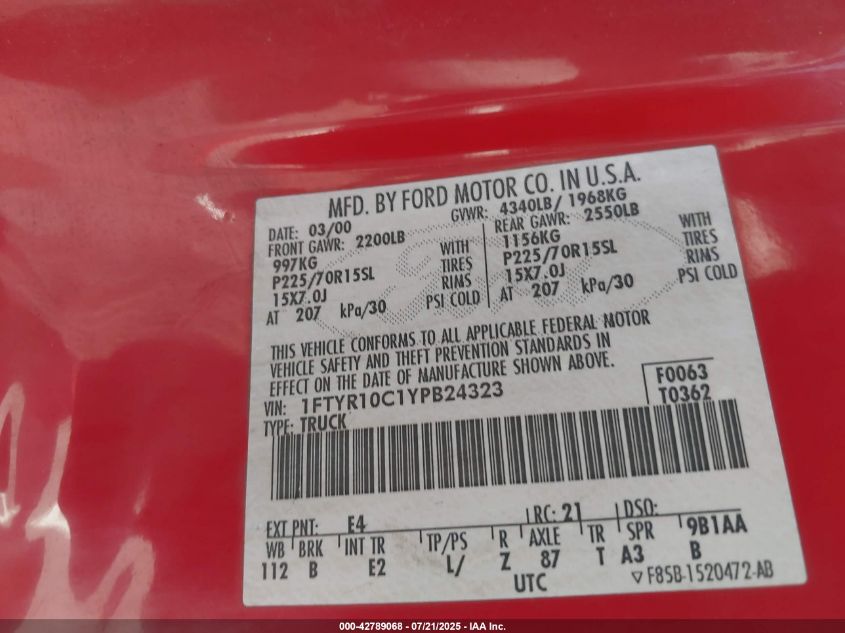 2000 Ford Ranger Xl/Xlt VIN: 1FTYR10C1YPB24323 Lot: 42789068