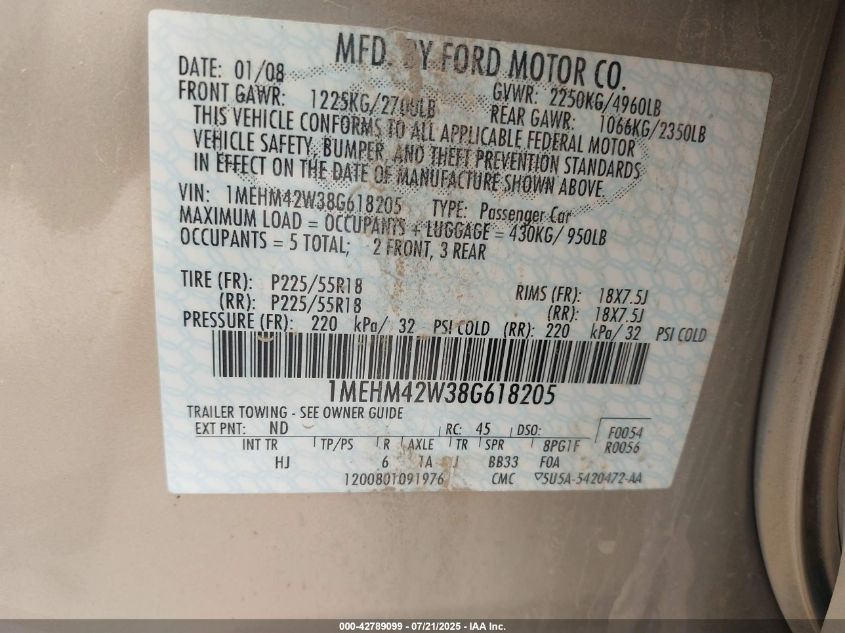 2008 Mercury Sable Premier VIN: 1MEHM42W38G618205 Lot: 42789099