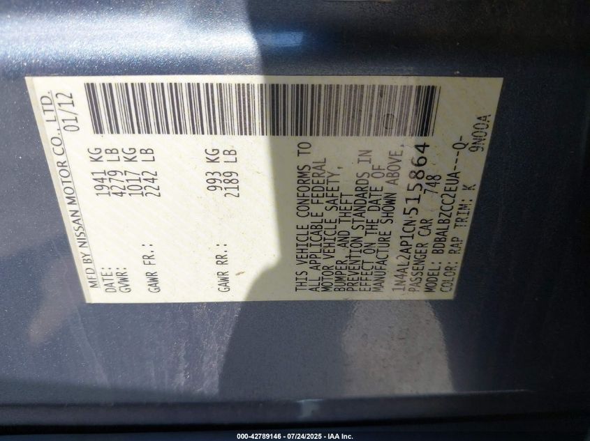 2012 Nissan Altima 2.5 S VIN: 1N4AL2AP1CN515864 Lot: 42789146