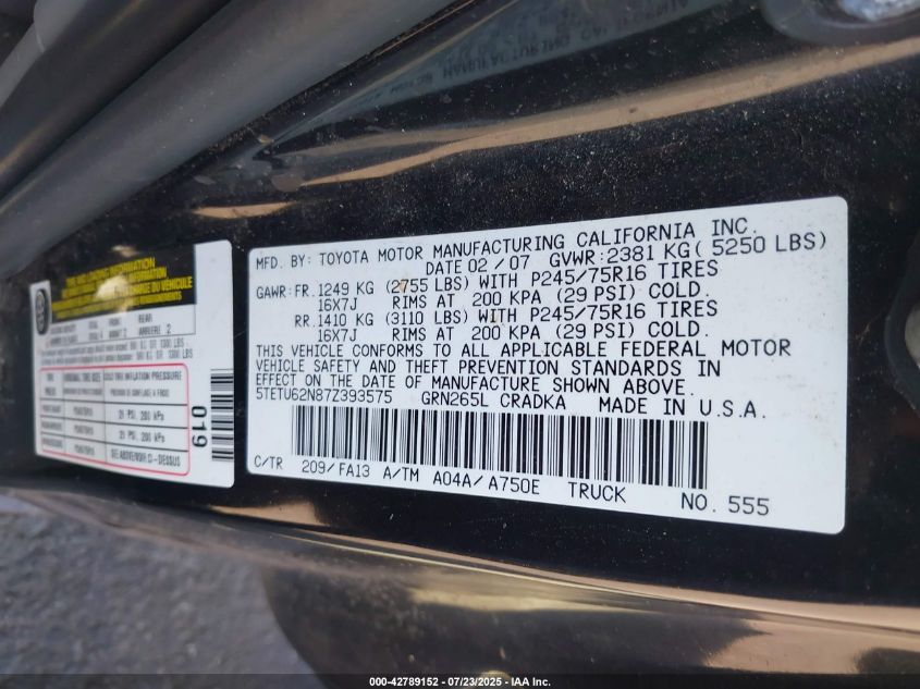 2007 Toyota Tacoma Prerunner V6 VIN: 5TETU62N87Z393575 Lot: 42789152