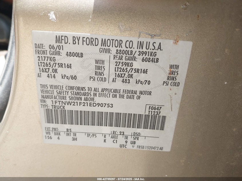 2001 Ford F-250 Lariat/Xl/Xlt VIN: 1FTNW21F21ED90753 Lot: 42789297