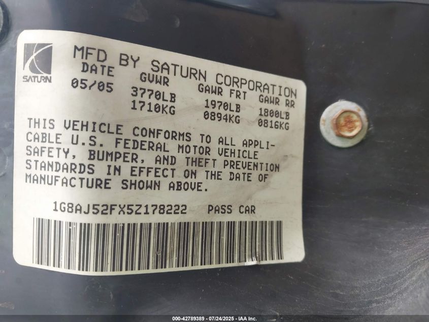 2005 Saturn Ion Ion 2 VIN: 1G8AJ52FX5Z178222 Lot: 42789389