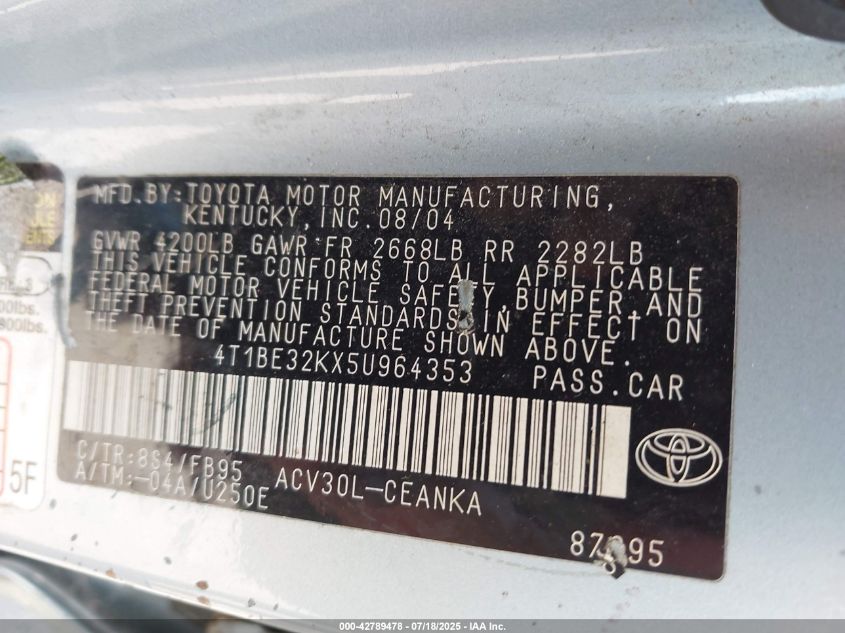 2005 Toyota Camry Le VIN: 4T1BE32KX5U964353 Lot: 42789478