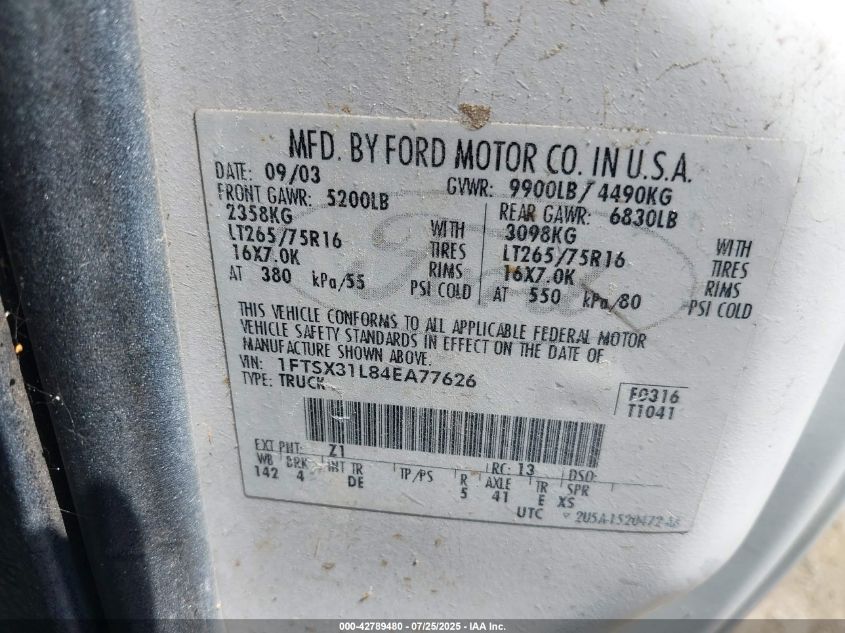 2004 Ford F-350 Lariat/Xl/Xlt VIN: 1FTSX31L84EA77626 Lot: 42789480