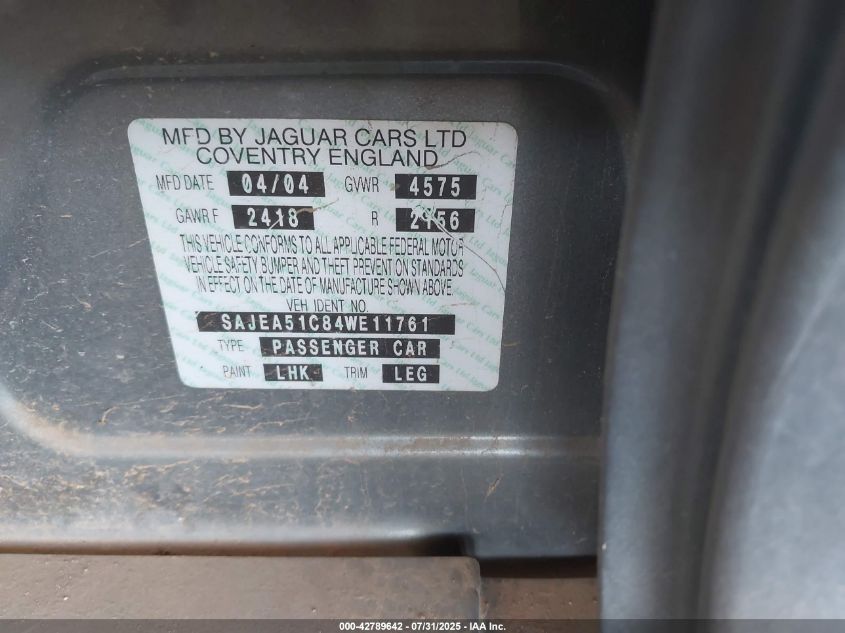 2004 Jaguar X-Type 3.0 VIN: SAJEA51C84WE11761 Lot: 42789642