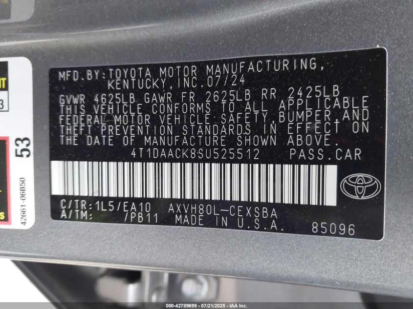 2025 Toyota Camry Xse/Xle/Le/Se VIN: 4T1DAACK8SU525512 Lot: 42789699