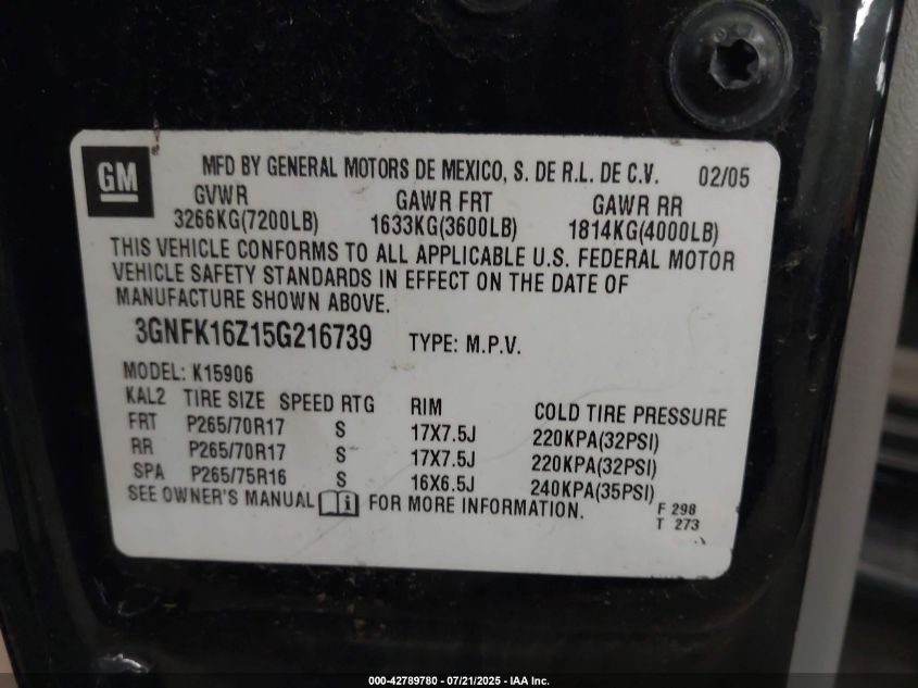 2005 Chevrolet Suburban 1500 Lt VIN: 3GNFK16Z15G216739 Lot: 42789780