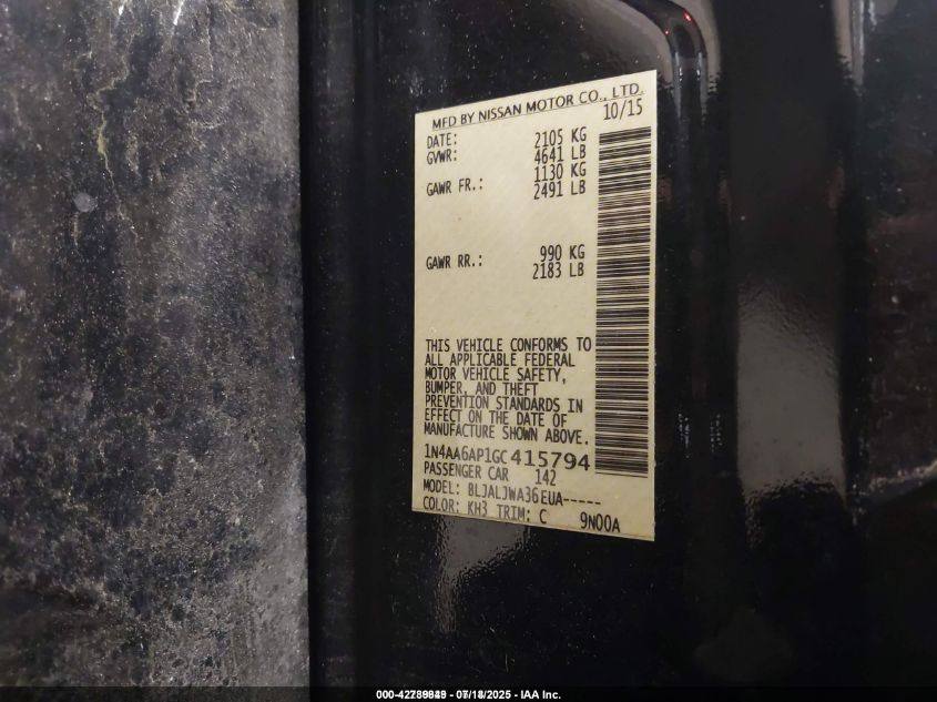 2016 Nissan Maxima 3.5 Platinum/3.5 S/3.5 Sl/3.5 Sr/3.5 Sv VIN: 1N4AA6AP1GC415794 Lot: 42789849