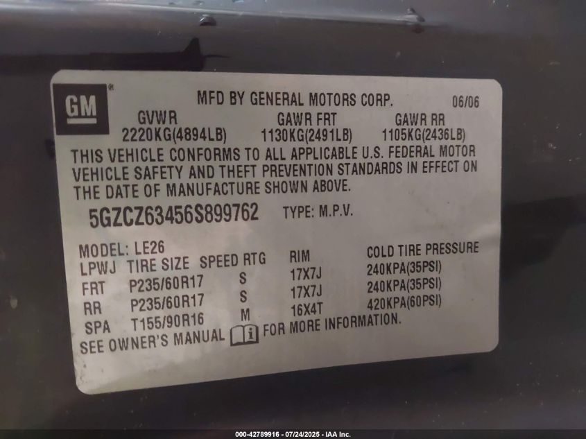 2006 Saturn Vue V6 VIN: 5GZCZ63456S899762 Lot: 42789916