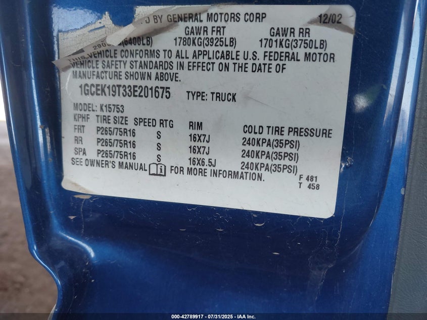 2003 Chevrolet Silverado 1500 Ls VIN: 1GCEK19T33E201675 Lot: 42789917