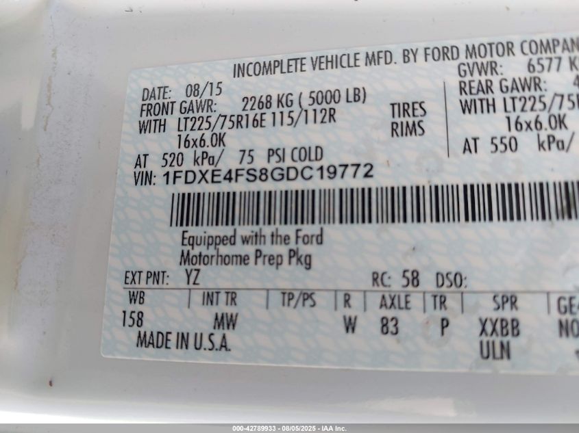2016 Ford E-450 Cutaway VIN: 1FDXE4FS8GDC19772 Lot: 42789933