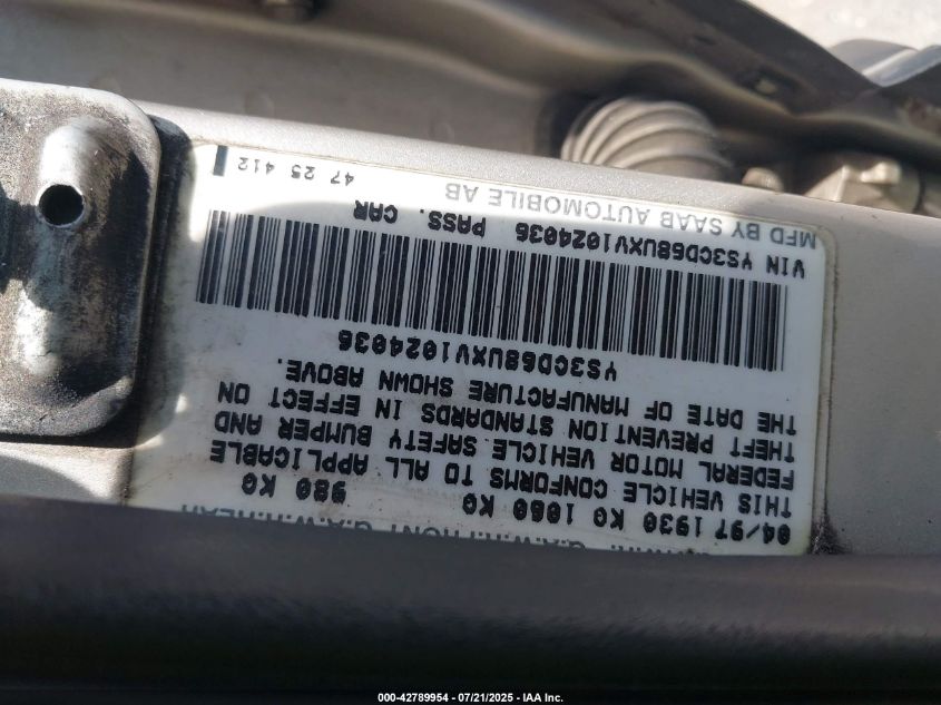 1997 Saab 9000 Cs VIN: YS3CD68UXV1024036 Lot: 42789954