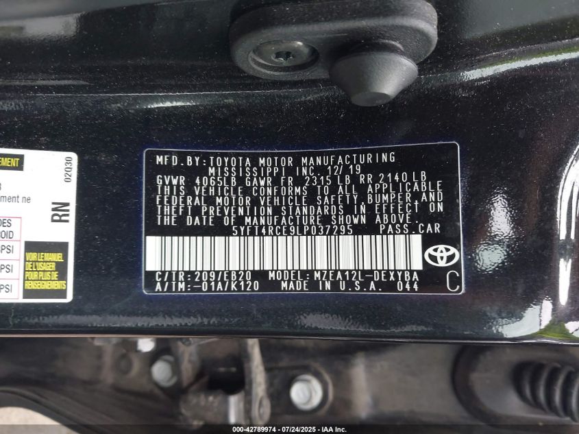 2020 Toyota Corolla Xse VIN: 5YFT4RCE9LP037295 Lot: 42789974