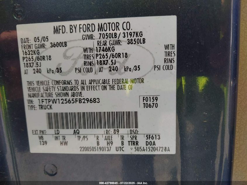 2005 Ford F-150 Lariat/Xlt VIN: 1FTPW12565FB29683 Lot: 42790045