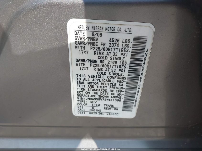 2008 Nissan Rogue Sl VIN: JN8AS58V78W411596 Lot: 42790352